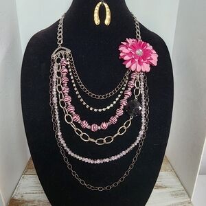 Pink Floral Multi-Strand chains fashion necklace NWOT beaded rhinestones Flower
